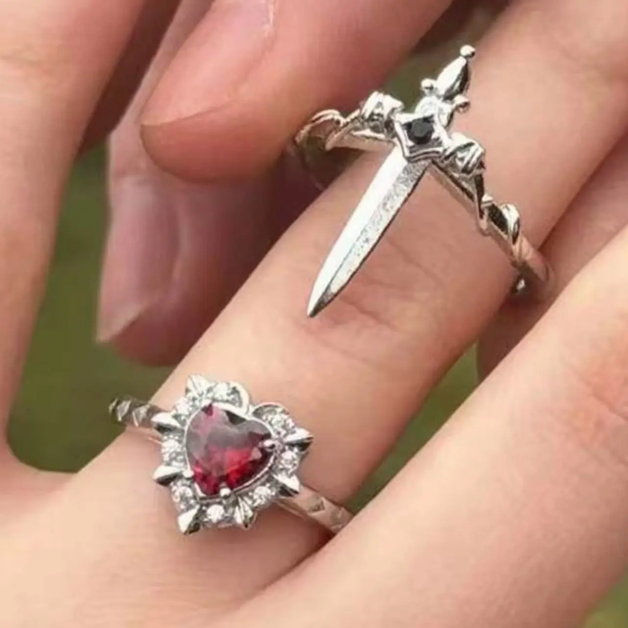 Heart and Sword Couple Rings, Adjustable Assemble Design Jewelry for Lovers