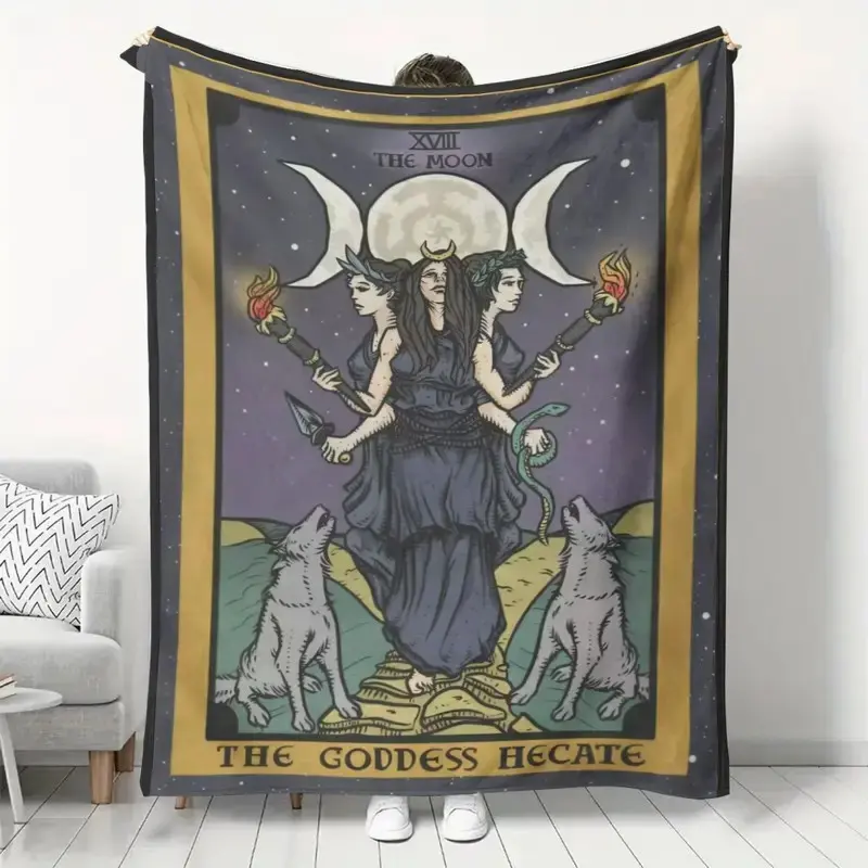 Bohemian March Goddess Hecate witch pattern design, luxurious flannel blanket, warm and comfortable 280gsm polyester fabric, suitable for all seasons, perfect for napping, camping, travel, car, office home decoration.