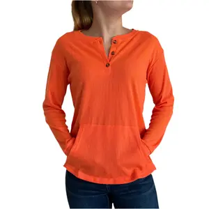 Ribbed 3 Button Long Sleeve Top in Orange
