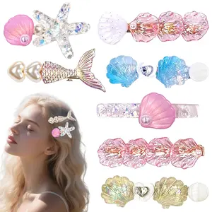 7 count Iridescent  Hair Clip Set -  Tail, Starfish, Seashell Designs with  Accents, Beachy Hair Accessories for Vacations, Pool Parties & Summer Styling