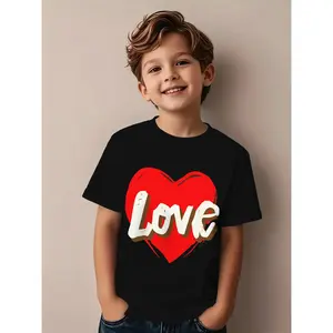Cute Boys Graphic T-Shirt with Red Heart and Love Text |   Black Casual Tee for Kids, Fun Comfortable Stylish Summer Wear, Perfect Gift for Young Boys, Crew Neck, Short Sleeve, Medium Stretch Fabric.