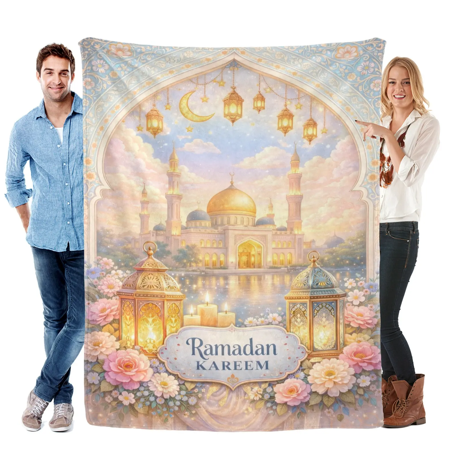 Ramadan Islamic Flannel Throw Blanket - Flannel Fabric, Plush Finish, Soft Texture, Durable, Floral Design, Mosque Motifs, Lantern Patterns, Gold Dome, Multi-Size Bedding Linen, Adult Use, Warm Gift for Loved Ones