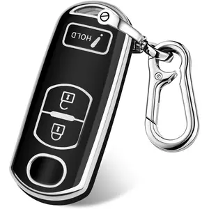 for Mazda Key Cover,3 Buttons TPU Key Cover with Silver Edge,Compatible with Mazda 3 CX-3 CX-5 CX-7 CX-9 with Keychain (B-Black)