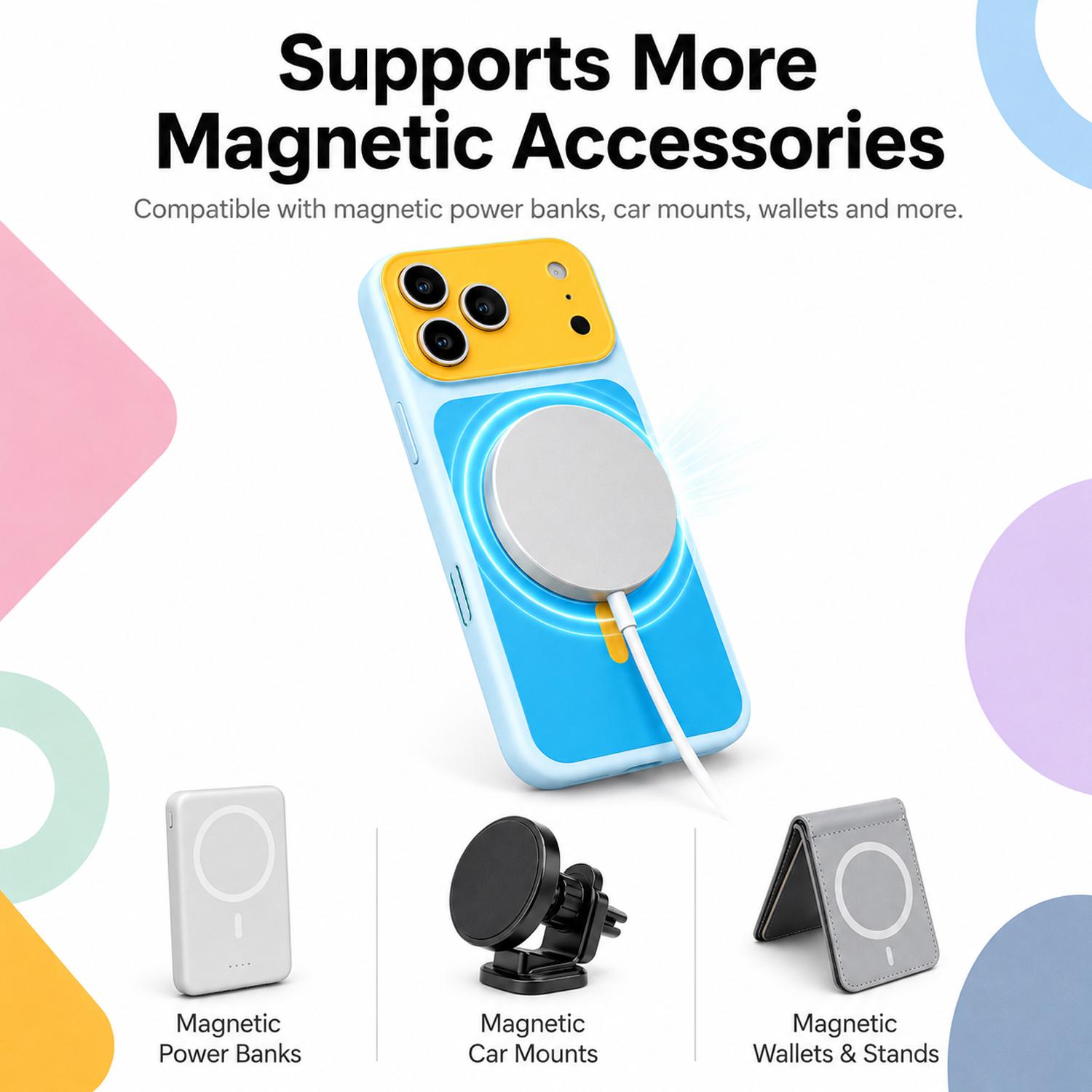 Dopamine Color Block MagSafe iPhone Casing, Shock-Absorbing Bumper, Dustproof Bottom, Dual Lanyard Holes, Wireless Charging Smartphone Case for iPhone 11-17 Pro/Pro Max Handheld Cellphone Devices