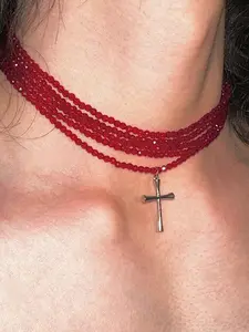 Vintage Stainless Steel Cross Pendant Necklace, Multi-Layer Beaded Chain, Layered Necklaces, Y2K Style Lockbone Chain, Unisex Party Jewelry