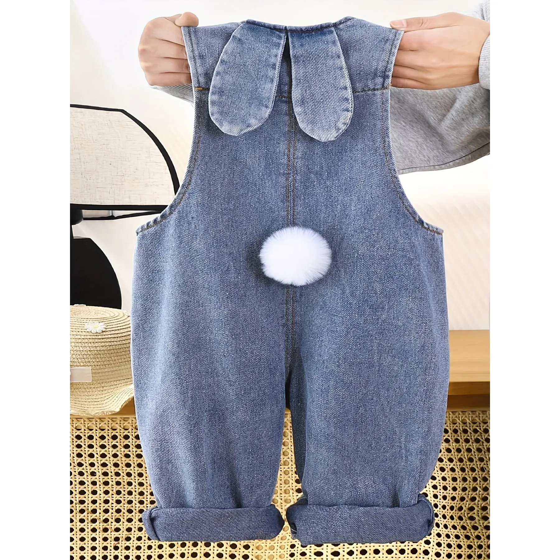 Kids' Polyester Overalls - Cute Stylish Design with Embroidered 3D Bunny Tails, Bunny Ears, Casual Outdoor Pants for Boys and Girls