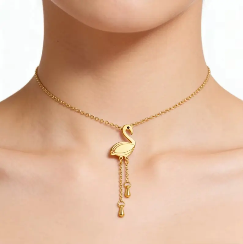 Stainless Steel Flamingo Pendant Necklace with Dangling Chains – Gold or Silver Color