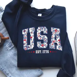Floral USA sweatshirt for women, American girl style, USA est. 1776 design, girly Fourth of July patriotic shirt with cute flower details inside vibe wear