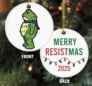 Political Frog Ornament 2025 2 Side, Merry Resistmas Ceramic Tree Decor, Funny Double Sided Christmas Gift for Protesters or Independent Minds