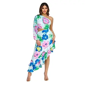 Kalani Floral Light Blue Ruffle Midi Dress