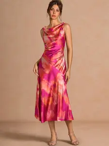 Azazie Hynelle Cowl Neck Cinched Waist Midi Wedding Guest Cocktail Tie-Dye Satin Dress