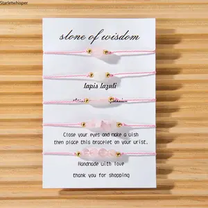 5Pcs Adjustable Braided Crystal Beaded Bracelet Set, Handcrafted Pink Crystal Natural Stone Jewelry, Elegant Delicate Design, Perfect Gift for Girlfriend & Valentine’s Day with Greeting Card