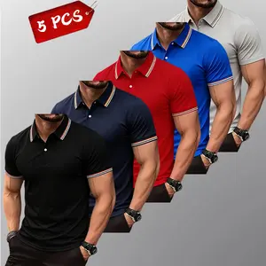 Men’s Summer 5-Pack Striped Collar Polo Shirts – Slim Fit, Button Front, Ideal for Golf, Office, and Street Style