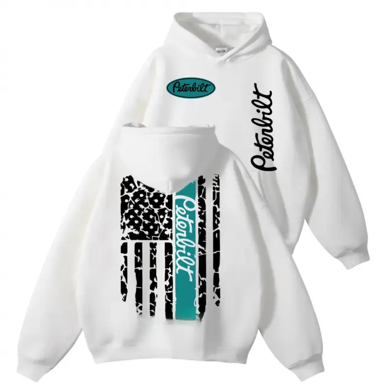 Peterbilt American Flag Hoodie – Distressed Flag Graphic, Blue Stripe Semi Truck Hoodie, Trucker Life Hoodie, Vintage USA Trucker Outfit