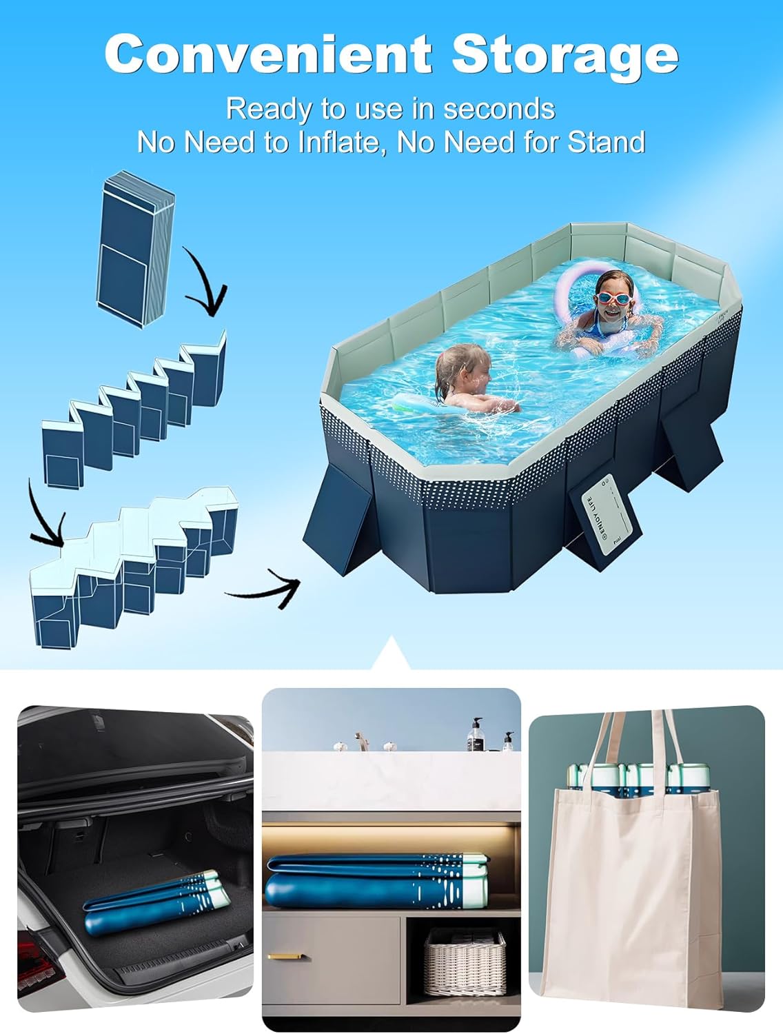 Large Foldable Swimming Pool, Foldable Frame Swimming Pool-NoInflation, Large Capacity, StableTriangular Support, Space - Saving Storage  for adults/children/pets/beach/patio/outdoor use