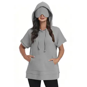 SeSe Code Women's Loose Short Sleeve Hoodies Adjustable Drawstring Hood Casual Pullover Tops with Eye Mask