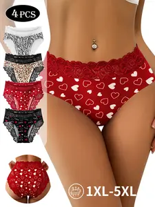 【Plus Size】QUASTI 4-Piece Mid-Waist Elegant Breathable Lace Women's Panties, Exquisite Multi-Color Print, Seamless Soft Fabric, Elastic Skin-Friendly Triangle Panties, Comfortable Fit, Summer Essential Womenswear, Sizes 1XL-5XL