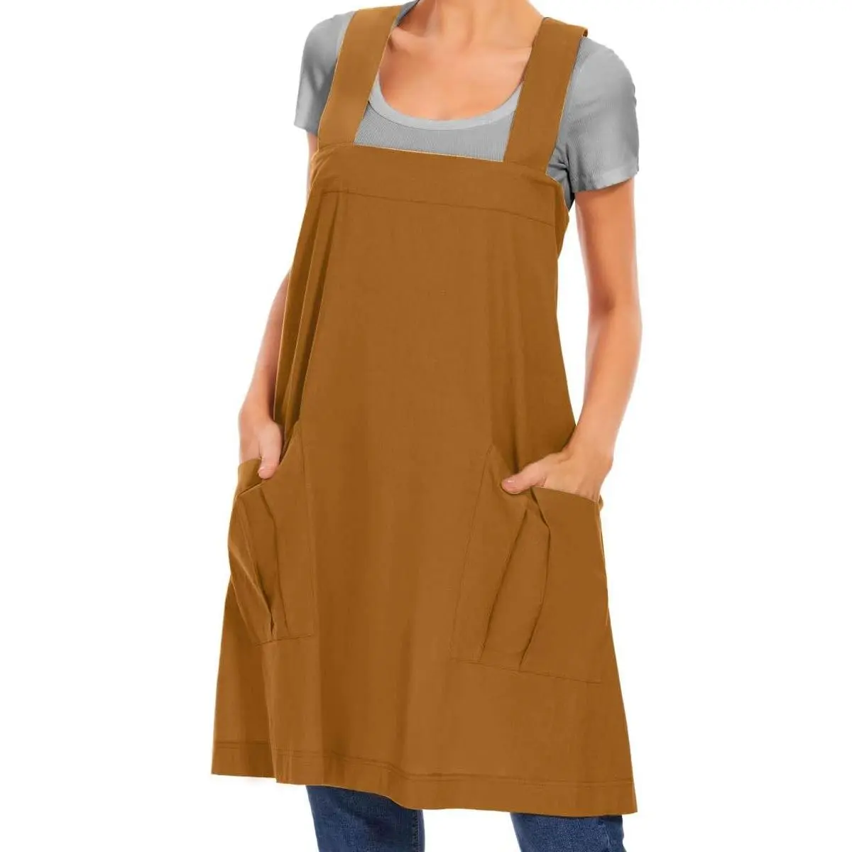 WROLEM Women's Minimalist Lightweight Cotton Cross-Back Pinafore Apron Dress with Big Pocket - Kitchen Cooking Apron for Garden, Nursing, Anniversary Use