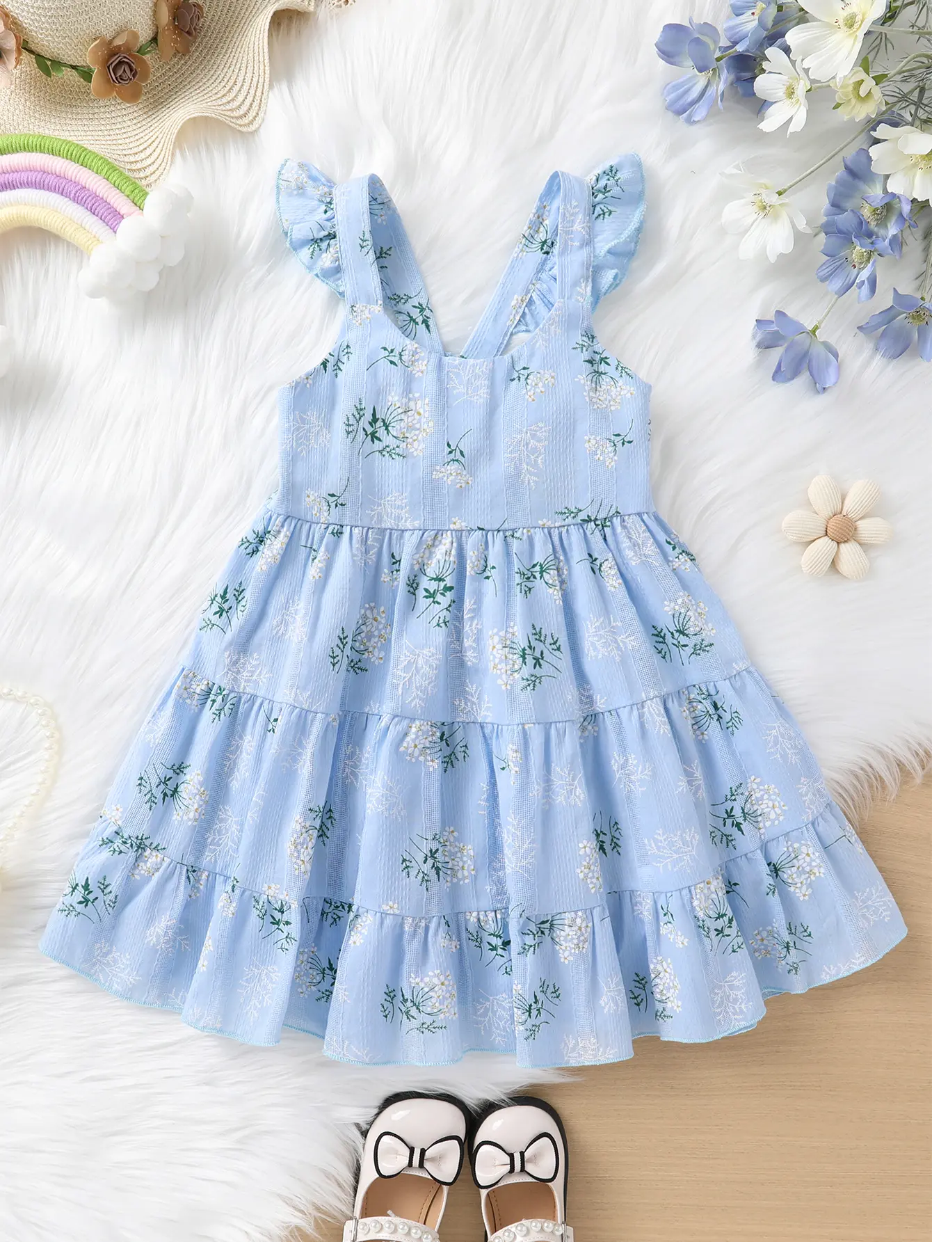 Younger Tree Toddler Baby Girls Sleeveless Rainbow Princess Sundress in Soft Cotton Blend with Ruffles for Summer Beach Parties and Outdoor Play, Baby Girls Clothing, Rainbow Floral, Compliments, Midi Length, 12-18M, 2 - 3 Years, 2-3T Toddler Summer Dress