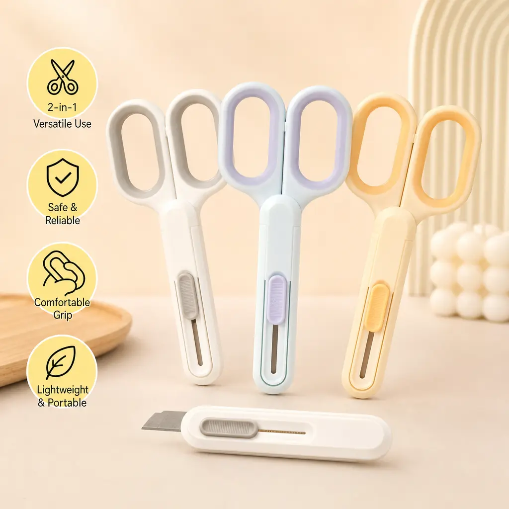 1 Count, 2-in-1 Scissors with Built-in Utility Cutter, Non-stick Sharp Blade Soft Ergonomic Handle, Portable for Craft Parcel Opening Daily Office School Use