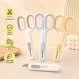 1 Count, 2-in-1 Scissors with Built-in Utility Cutter, Non-stick Sharp Blade Soft Ergonomic Handle, Portable for Craft Parcel Opening Daily Office School Use
