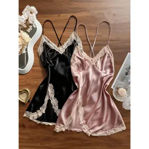 Off Shoulder Ultra Short Sexy Bras Pajamas Home Dresses Night Shirts Sexi Women's Nightgown Silk Lingerie See Through Dress Summer Contrast Lace Silk Satin Nightdress for Women Sleepwear Deep V Backless Lace Up Split Slip Sleep Dress