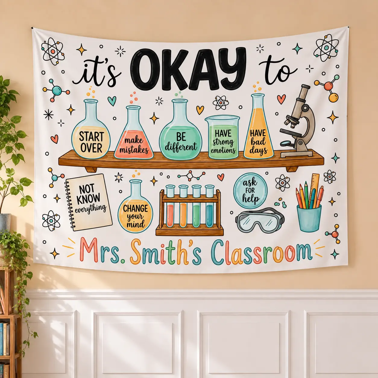Personalized Science Classroom Tapestry, "It's Okay to Make Mistakes" Teacher Banner, Custom Wall Decor