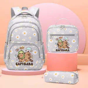 3pc Daisy Pattern Practical Backpack Set, Cute Capybara Cartoon Print, Multi-Scene Use, Couple Bag, School Bag, Travel Bag, Commuter Bag, School Backpacks, Multi Function Backpack