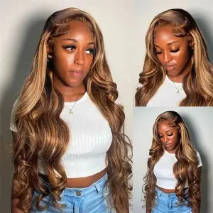 ILYquel Ombre Highlight Human Hair Lace Front Wigs Pre Plucked P4/27 Colored Body Wave Lace Frontal Human Hair Wig 180 Density 13X6 HD Transparent Lace Frontal Wig For Women