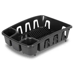 One DrainRack (Black) – Combines Dish Rack & Drainboard, Angled Base (Self-Draining, Water Back to Sink), Elevated Feet (Fits Sink Edge), 10 Plate Holders, 2 Utensil Holders, 8 Cup Holders, BPA/Phthalate-Free, 17 5/8"x13 3/8"x5 3/8" Kitchen Organiser