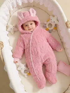 Cute Comfortable Baby Bunny Onesie with Hood, Random Pattern, Side Button Closure, Unisex Infant Bodysuit for Fall Winter