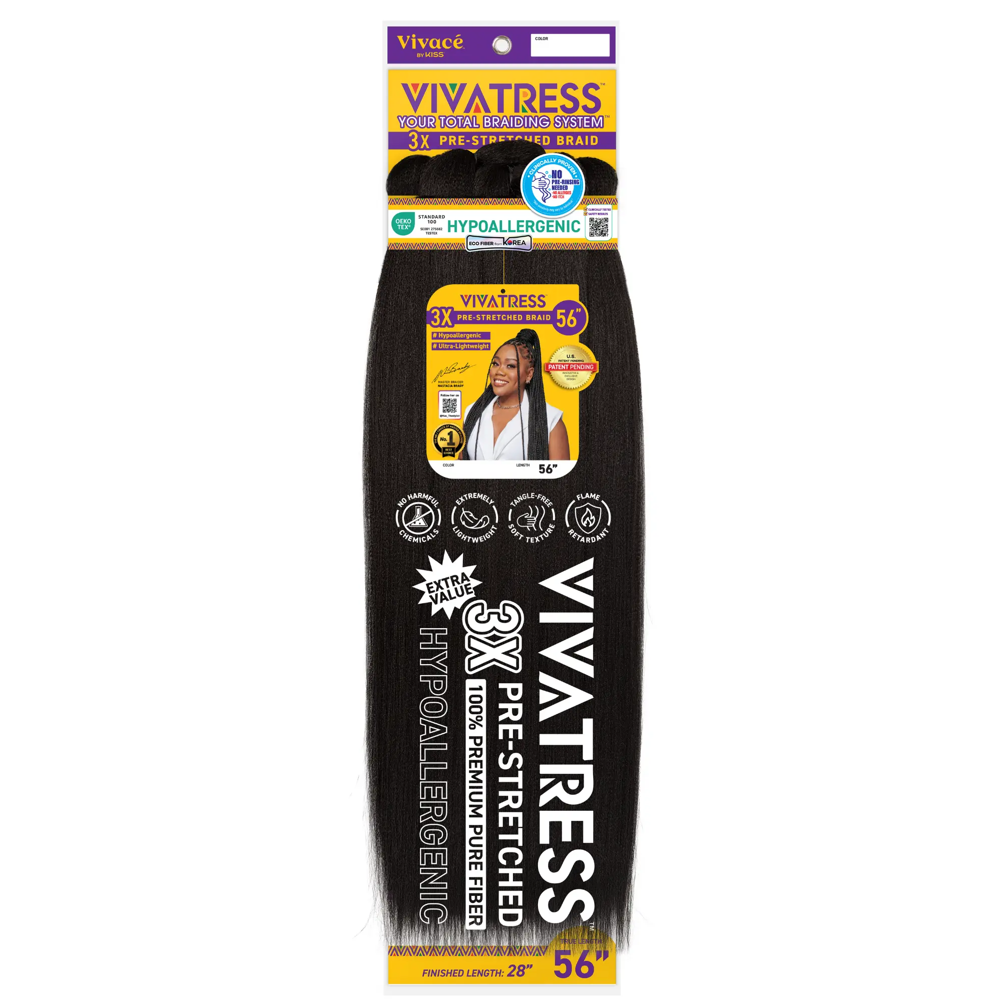 VIVATRESS Pre-Stretched Braiding Hair - 56" Premium Synthetic Yaki Fiber, Tangle Resistant, Ultra Lightweight, Non-Toxic & Hypoallergenic for Protective Styles