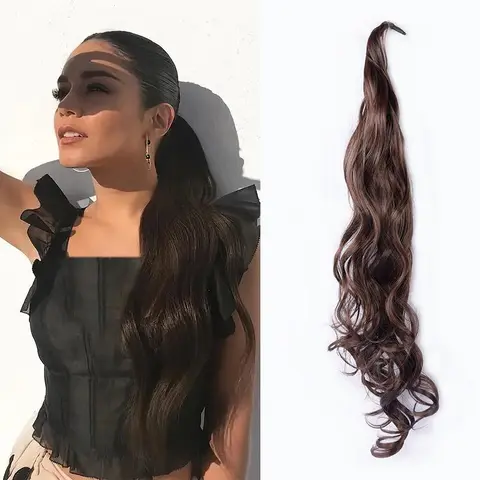 Women's 32-in Flexible Wrap-Around Synthetic Hair Extension Ponytail - Curly, Body Wave, Lightweight Invisible Heatstyle Flex, Ponytail Hairstyles, All-Day Wear, Chestnut Brown Hairpieces, for Carnivals, Concerts, April Fools