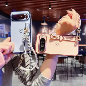 Camellia hand chain suitable for Google 10 Pro XL electroplated hollow heart phone case Pixel 9/8a/7A silicone protective cover