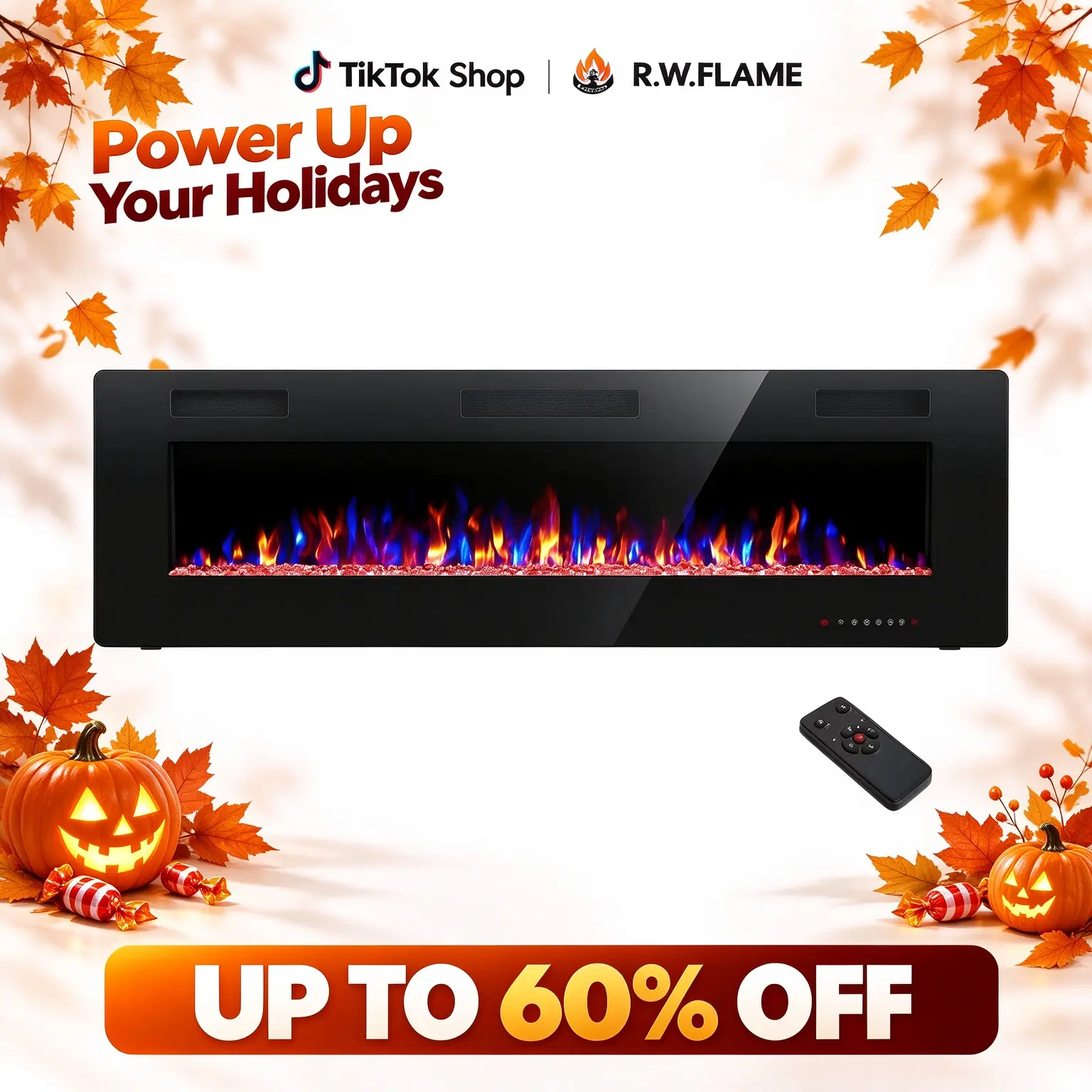 R.W.FLAME Electric Fireplace Insert - Black In-Wall Recessed/Wall-Mounted Heater (30"-68") with 750/1500W Adjustable Heating, Touch Screen, Remote Control, Timer Set & Forget, Auto-Heat Kill, 12 Color Flame Beds, 5 Speed Flame Modes, Slim 3.86" Fit