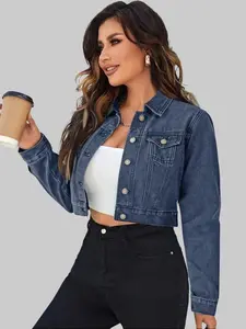Zeagoo Women's Button Down Long Sleeve Cropped Denim Jean Jacket with Pockets jacket Halloween Casual Fashion Womenswear Coats