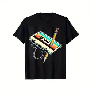 100% Cotton Men'S Retro Cassette Tape And Pencil Pattern Cotton T-Shirt - Black Short Sleeve Crew Neck, Vibrant 80S Design, 100% Cotton, Casual Version, Perfect For All Seasons, Everyday T-Shirt |   Playful Print Shirt |    Golf Gift T-Shirt For Men And W