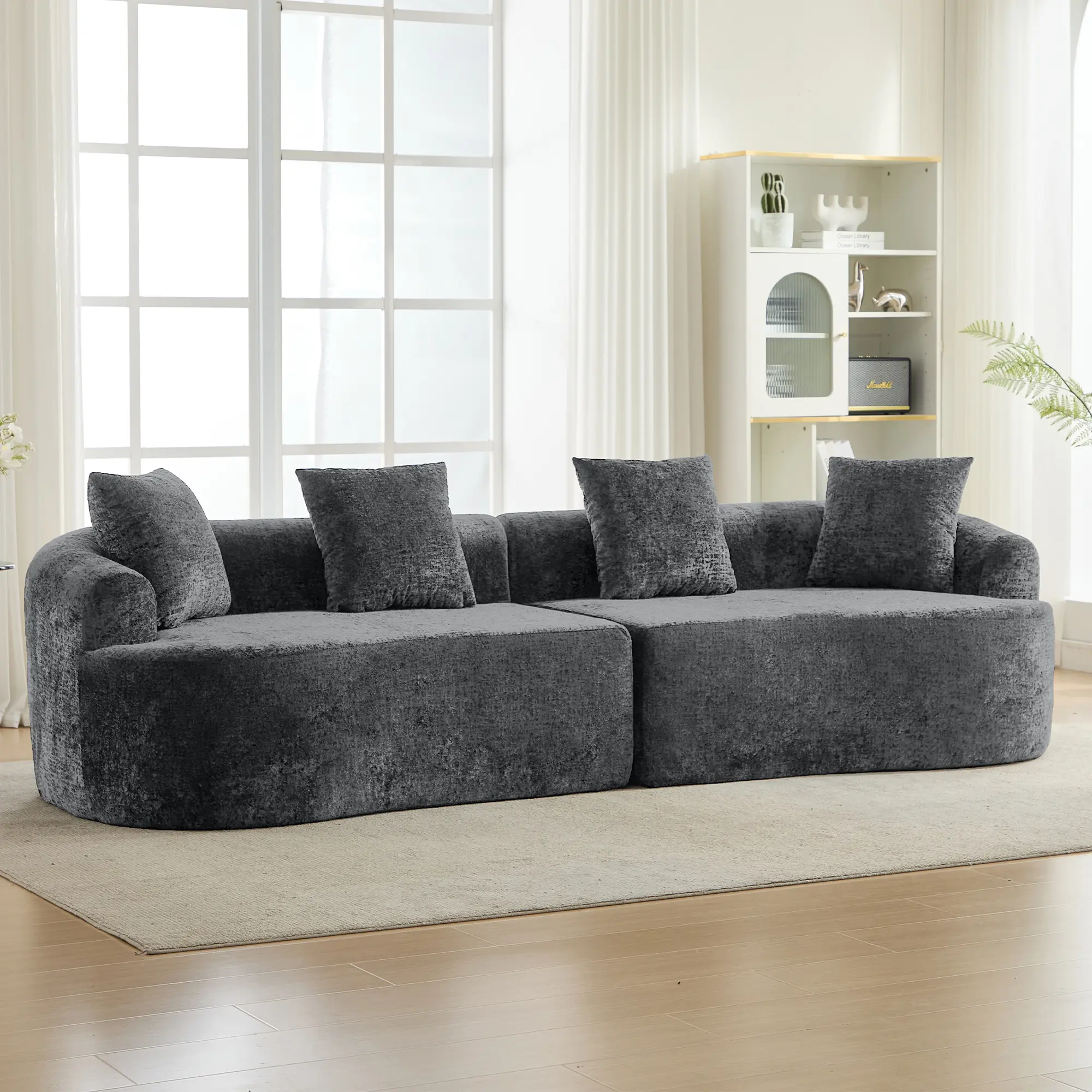 Curved Sectional Couch, 110" Chenille Cloud Sofa with 4 Pillows, 4-Seater Sleeper Sofa for Living Room Apartment, Full Compression Sponge