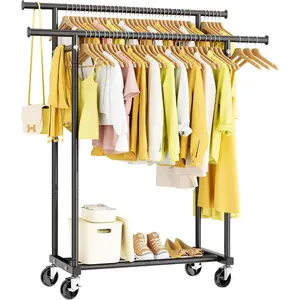 Double Rods Clothes Rack, Rolling Clothing Rack for Hanging Clothes Portable Wardrobe Rack, Metal Garment Rack Sturdy Coat Rack for Bedroom Laundry Living Room, Black