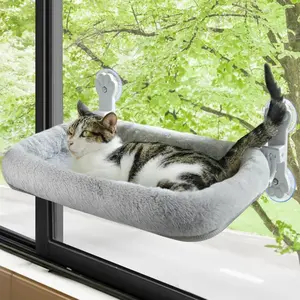 Cat Window Perch, Cat Window Hammock with Foldable Cat Bed, Strong Suction Cups, Cordless Solid Metal Frame, Machine Washable Cover with Two Fabrics Adapt to Different Seasons for Cats(Grey, Large)
