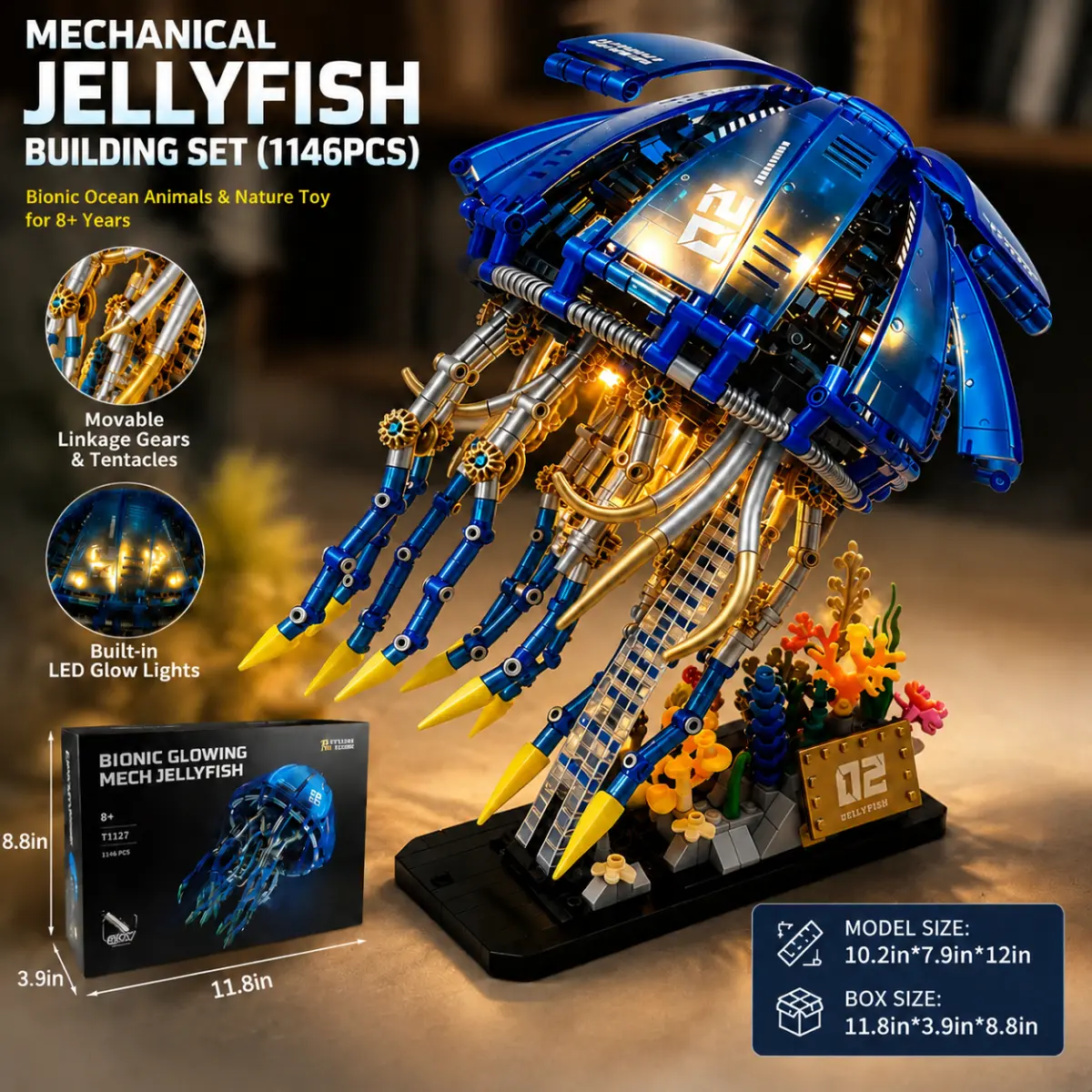 Mechanical Jellyfish Building Blocks Set (1146PCS) - DIY Mecha Assembly Model Kit with LED Lights, Movable Linkage Gears, Tentacles, Display Stand, House Decoration for 8+ Kids, Creative Gift