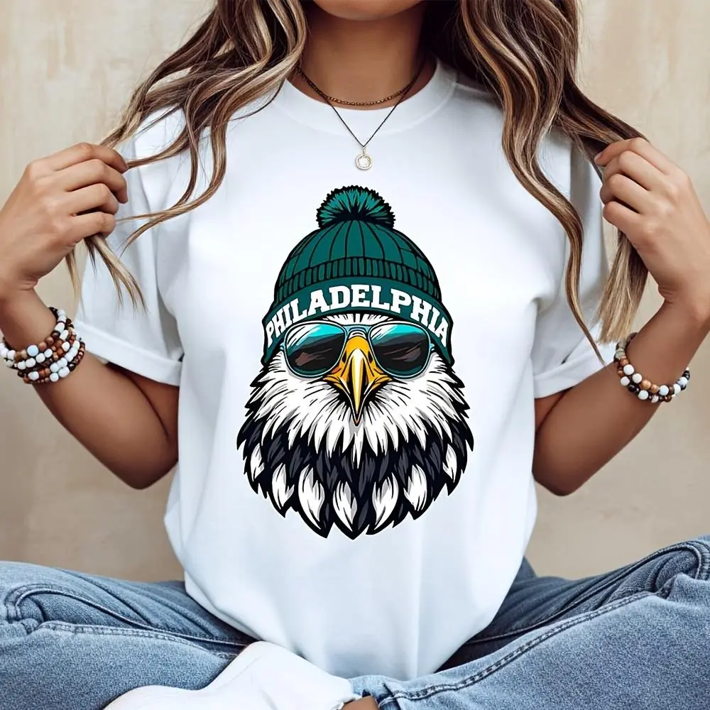 Philadelphia Eagle Beanie Sunglasses Graphic T-Shirt, American Pride Streetwear, Casual Daily Wear Summer Top