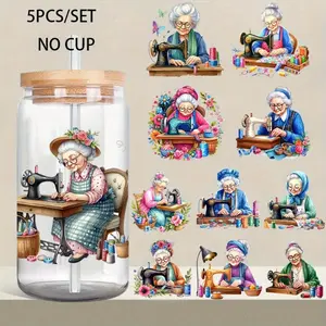 5Pcs/Set Grandma Loves Sewing 16OZ Glass Jar Transfer Paper UV DTF High Self-Adhesive Transfer Paper Suitable For Decorating Cups And Bottles