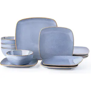 Ceramic Dinnerware Sets for 4, 12 count Square Handpainted Plates and Bowls Set, Chip and Scratch Resistant Stoneware Dishes Set, Dishwasher & Microwave Safe, Reactive Blue