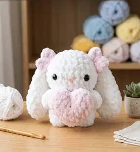 Cute Handmade Crochet Bunny Plush Toy – Adorable Amigurumi Long Eared Rabbit Holding Pink Heart, Soft Knitted Stuffed Animal for Valentine's Day, Anniversary & Birthday Gift
