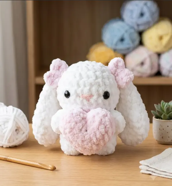 Cute Handmade Crochet Bunny Plush Toy – Adorable Amigurumi Long Eared Rabbit Holding Pink Heart, Soft Knitted Stuffed Animal for Valentine's Day, Anniversary & Birthday Gift