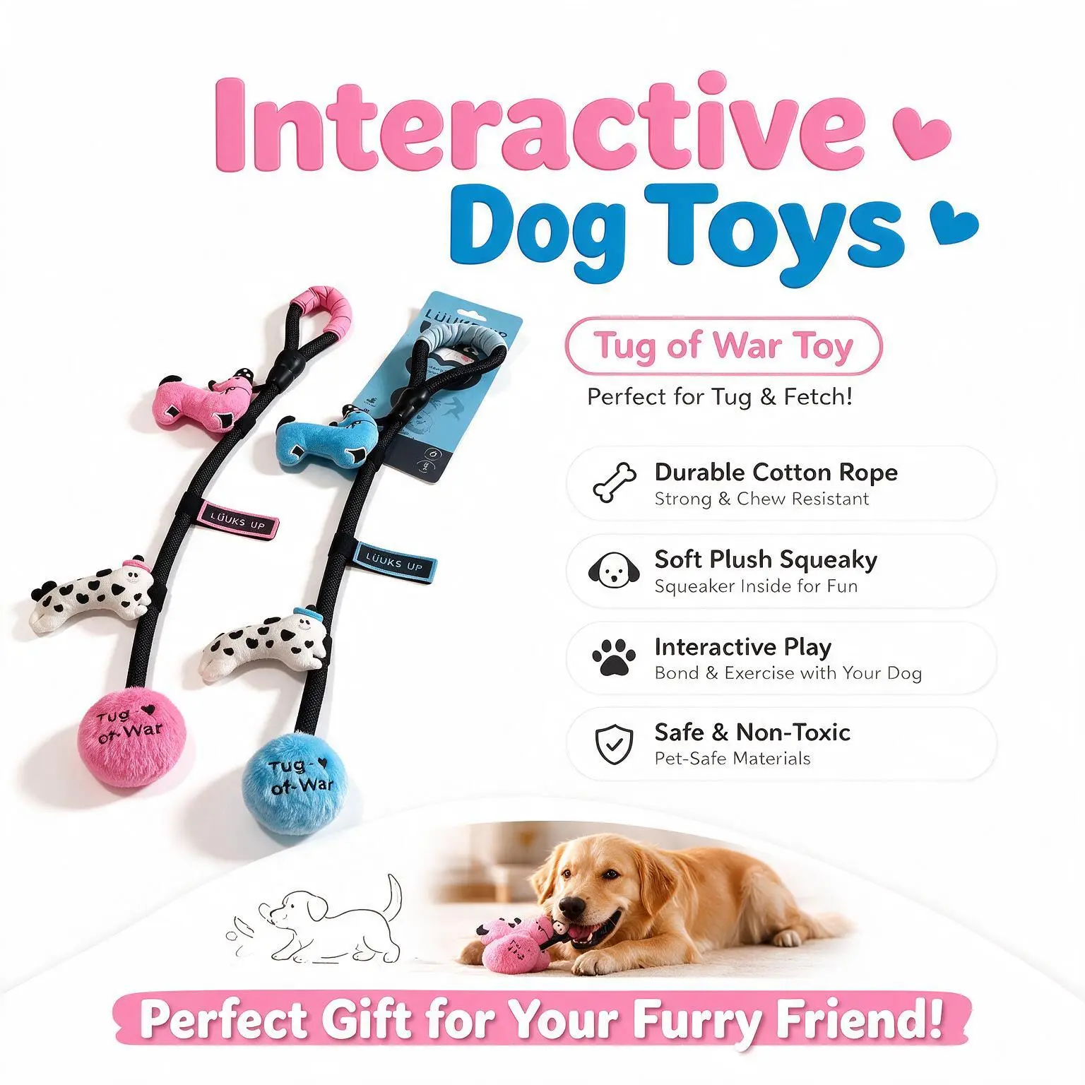 LÜÜKS UP Tug of War Dog Tug Rope Toy, Squeaky & Crinkle Interactive Plush Chew Toy, Durable Bite Resistant Toy for Aggressive Chewers, Boredom Relief & Stimulating Training Toy for Small Medium Dogs Puppy