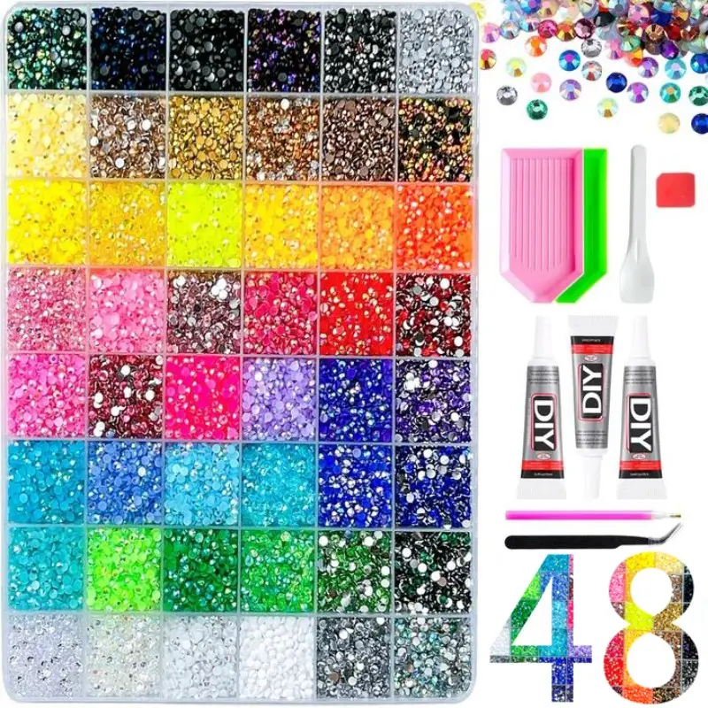 1 Box 48-Color Sparkling Flatback Nail Rhinestones Kit, 3mm Multi-Color Semi-Circular AB Resin Crystals, Perfect for DIY Acrylic Nails, Festival Gift, Crafts & Nail Decoration Supplies