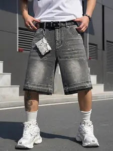 Men's Washed Ink Splatter Frayed Edge Jeans, Summer Loose High Street Casual Five-Pocket Shorts, Streetwear Post-Apocalyptic Style Pants