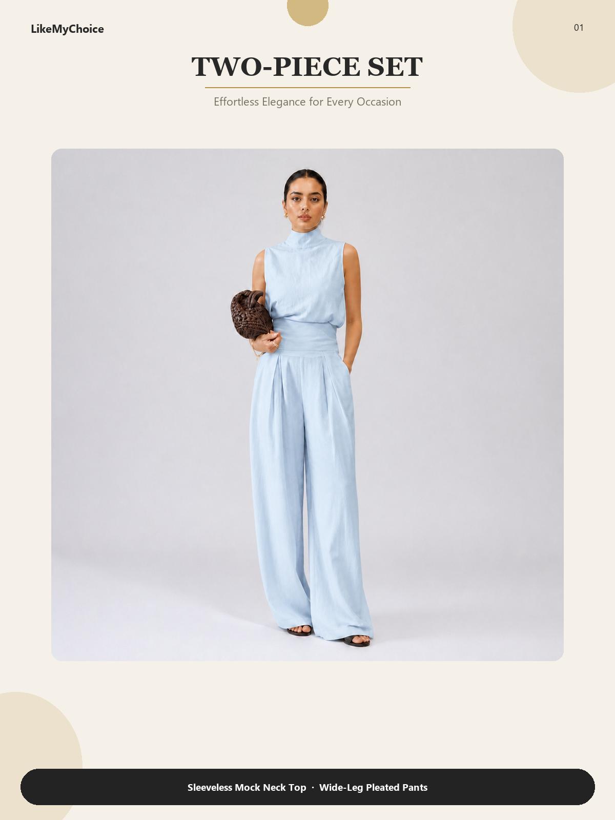 LikeMyChoice 2-Piece Elegant Set Chic Mock Neck Halter Top & High-Waisted Wide-Leg Pants | Trendy Old Money Aesthetic Outfit for Summer Vacation & Office Womenswear Clothes